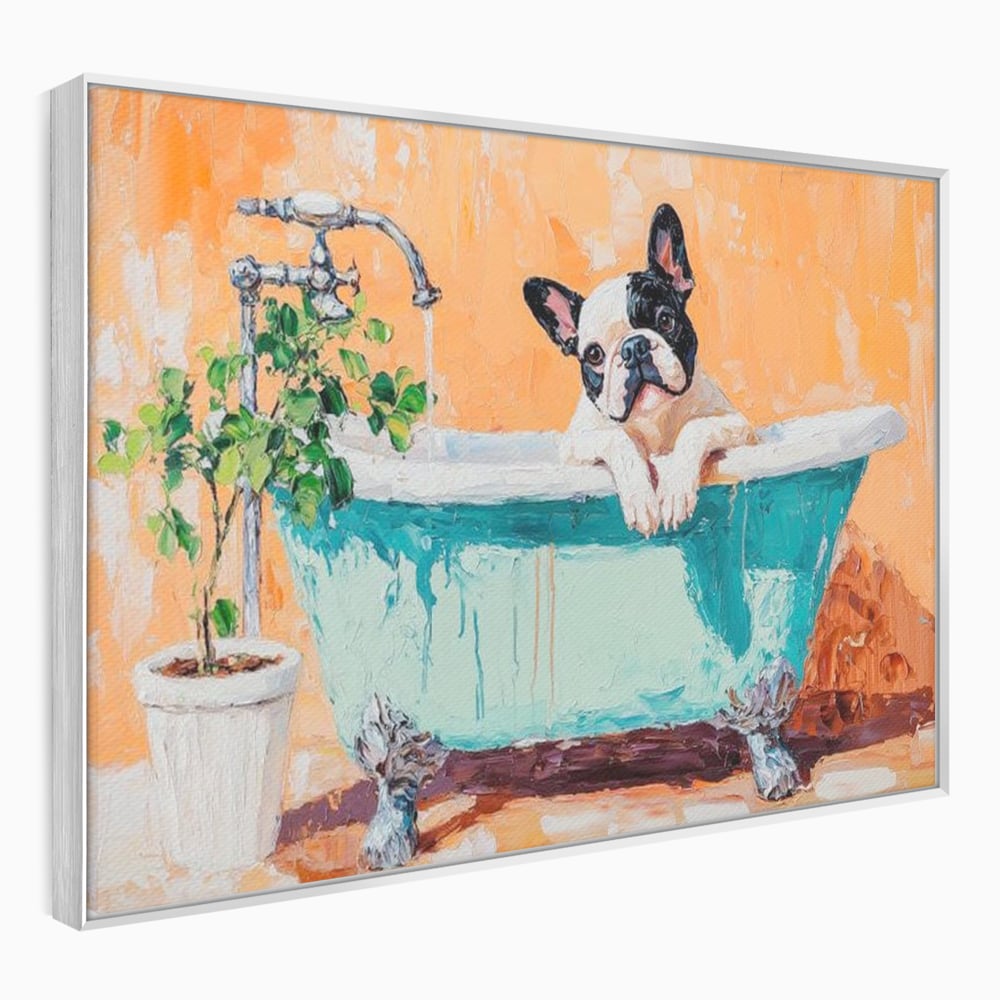 Tablou canvas cu tablou canvas cu bulldog in cada, in rama de aluminiu argintiu